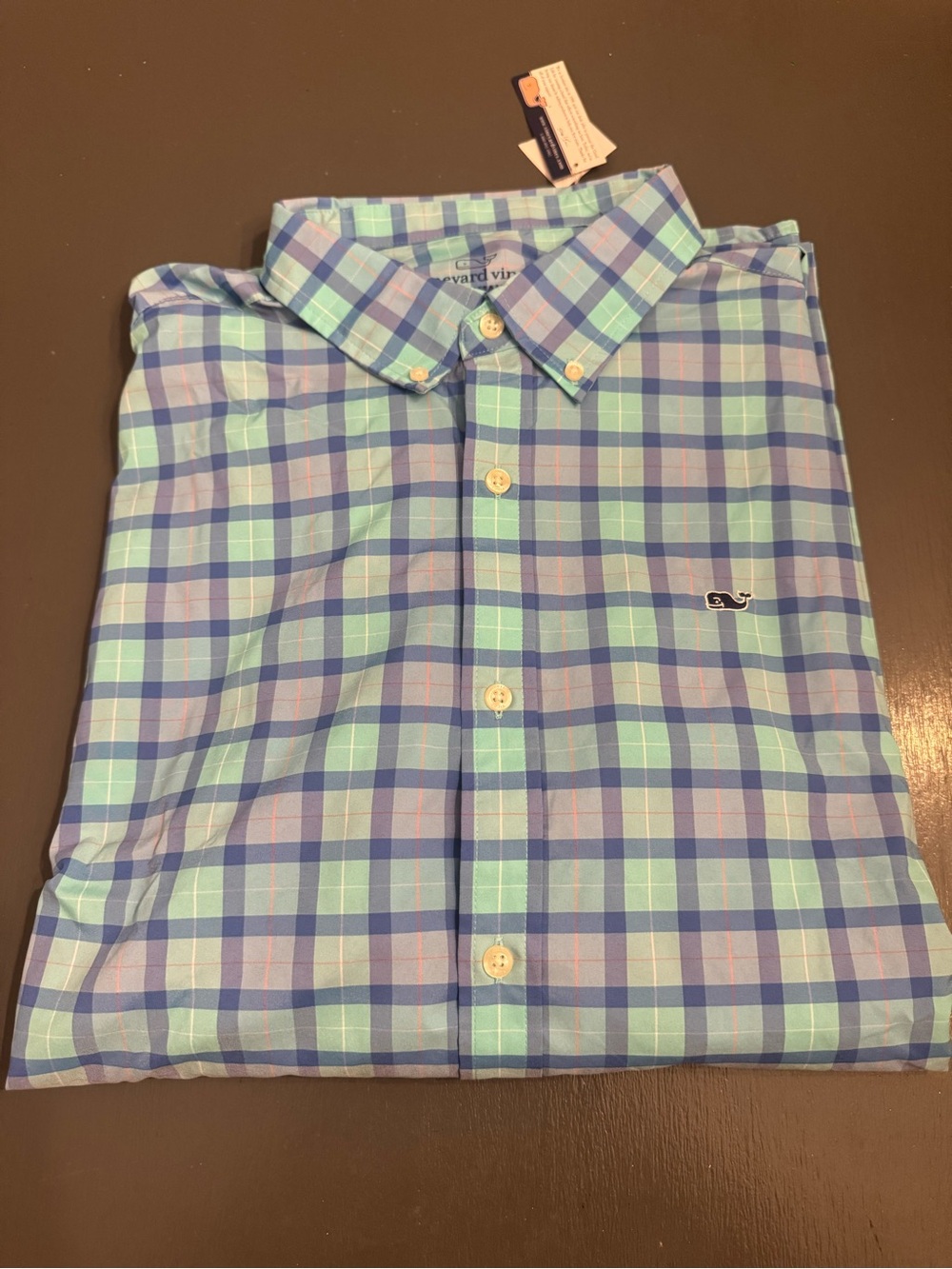 Vineyard Vines Men’s Blue and Mint Plaid Button-Down Shirt...performance materia
